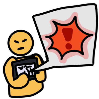 a yellow figure frowning and holding a communication device or board. there is a big speech bubble coming from it with a spiky red shape in it, with a darker red exclamaiton mark